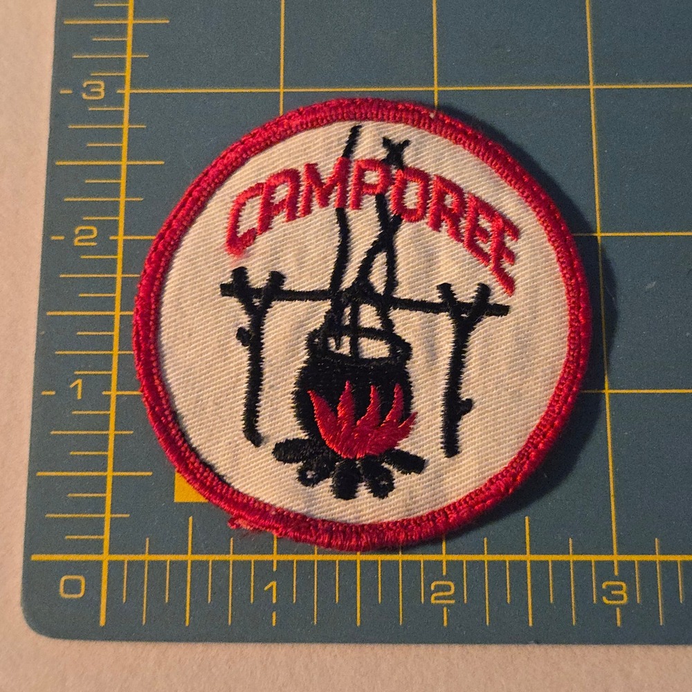 VTG 1960s BSA Camporee Patch White Red Campfire Cauldron Boy Scouts Embroidery